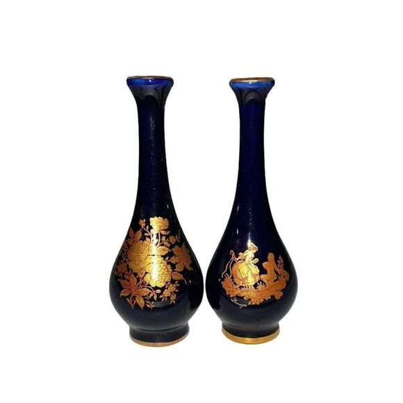 Vintage Limoges Castel France Porcelain Miniature Cobalt Blue & Gold Vases - Picture 2 of 11